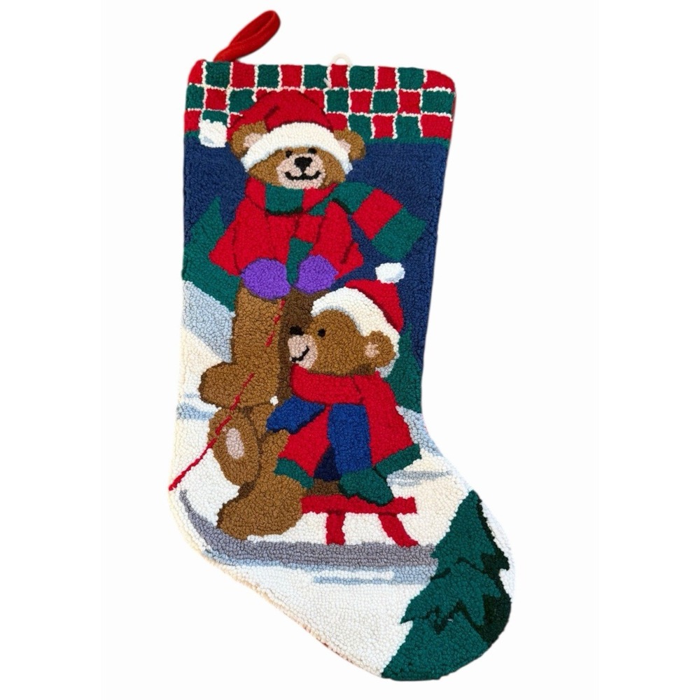 Christmas Needlepoint Stocking Teddy Bears Sledding‎ Holiday Mantel Decor NEW